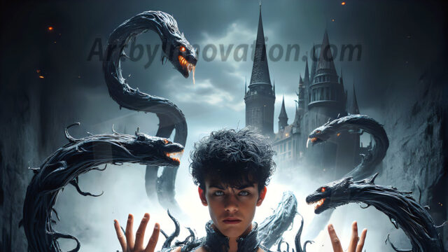 AI male art photos with a fantastical atmosphere. Imagine a Hogwarts School of Witchcraft student, from the Harry Potter series, a handsome, beautiful, and attractive, shirtless young teenage boy, standing firm against a threat. With a detailed Hogwarts castle background, casting a powerful spell, conjuring creatures based on their assigned house crest. From Demonic snakes, powerful lions, fierce badgers, or a murder of Crows. Dementors floating ominously in a cloudy sky, and sparks, shadows, and cinematic lighting, offering an otherworldly vibe.