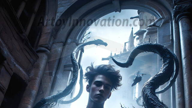 AI male art photos with a fantastical atmosphere. Imagine a Hogwarts School of Witchcraft student, from the Harry Potter series, a handsome, beautiful, and attractive, shirtless young teenage boy, standing firm against a threat. With a detailed Hogwarts castle background, casting a powerful spell, conjuring creatures based on their assigned house crest. From Demonic snakes, powerful lions, fierce badgers, or a murder of Crows. Dementors floating ominously in a cloudy sky, and sparks, shadows, and cinematic lighting, offering an otherworldly vibe.
