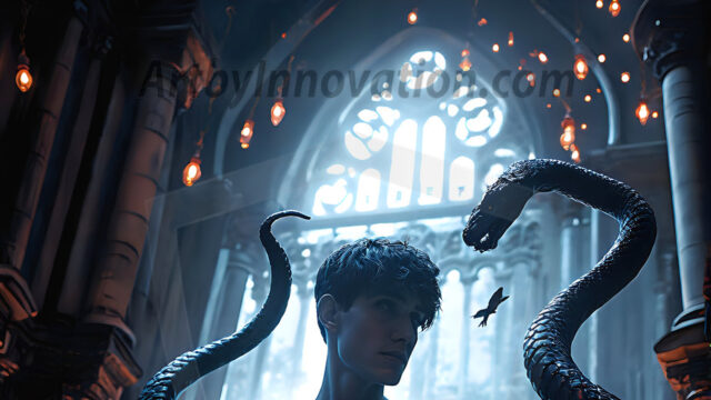 AI male art photos with a fantastical atmosphere. Imagine a Hogwarts School of Witchcraft student, from the Harry Potter series, a handsome, beautiful, and attractive, shirtless young teenage boy, standing firm against a threat. With a detailed Hogwarts castle background, casting a powerful spell, conjuring creatures based on their assigned house crest. From Demonic snakes, powerful lions, fierce badgers, or a murder of Crows. Dementors floating ominously in a cloudy sky, and sparks, shadows, and cinematic lighting, offering an otherworldly vibe.