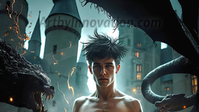 AI male art photos with a fantastical atmosphere. Imagine a Hogwarts School of Witchcraft student, from the Harry Potter series, a handsome, beautiful, and attractive, shirtless young teenage boy, standing firm against a threat. With a detailed Hogwarts castle background, casting a powerful spell, conjuring creatures based on their assigned house crest. From Demonic snakes, powerful lions, fierce badgers, or a murder of Crows. Dementors floating ominously in a cloudy sky, and sparks, shadows, and cinematic lighting, offering an otherworldly vibe.