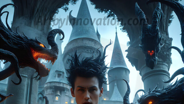 AI male art photos with a fantastical atmosphere. Imagine a Hogwarts School of Witchcraft student, from the Harry Potter series, a handsome, beautiful, and attractive, shirtless young teenage boy, standing firm against a threat. With a detailed Hogwarts castle background, casting a powerful spell, conjuring creatures based on their assigned house crest. From Demonic snakes, powerful lions, fierce badgers, or a murder of Crows. Dementors floating ominously in a cloudy sky, and sparks, shadows, and cinematic lighting, offering an otherworldly vibe.
