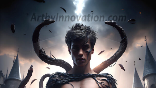 AI male art photos with a fantastical atmosphere. Imagine a Hogwarts School of Witchcraft student, from the Harry Potter series, a handsome, beautiful, and attractive, shirtless young teenage boy, standing firm against a threat. With a detailed Hogwarts castle background, casting a powerful spell, conjuring creatures based on their assigned house crest. From Demonic snakes, powerful lions, fierce badgers, or a murder of Crows. Dementors floating ominously in a cloudy sky, and sparks, shadows, and cinematic lighting, offering an otherworldly vibe.