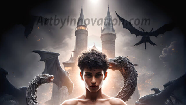 AI male art photos with a fantastical atmosphere. Imagine a Hogwarts School of Witchcraft student, from the Harry Potter series, a handsome, beautiful, and attractive, shirtless young teenage boy, standing firm against a threat. With a detailed Hogwarts castle background, casting a powerful spell, conjuring creatures based on their assigned house crest. From Demonic snakes, powerful lions, fierce badgers, or a murder of Crows. Dementors floating ominously in a cloudy sky, and sparks, shadows, and cinematic lighting, offering an otherworldly vibe.