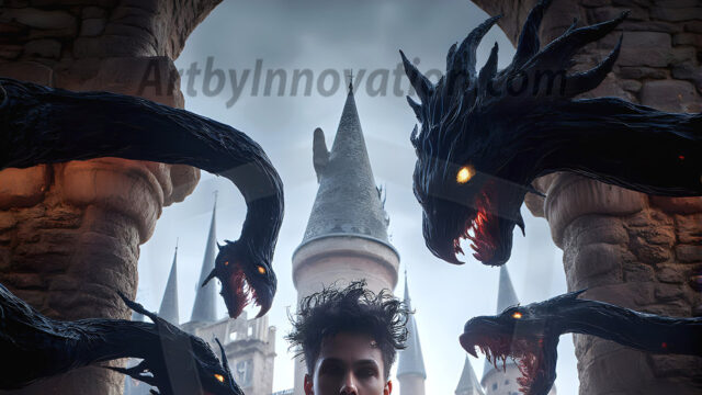 AI male art photos with a fantastical atmosphere. Imagine a Hogwarts School of Witchcraft student, from the Harry Potter series, a handsome, beautiful, and attractive, shirtless young teenage boy, standing firm against a threat. With a detailed Hogwarts castle background, casting a powerful spell, conjuring creatures based on their assigned house crest. From Demonic snakes, powerful lions, fierce badgers, or a murder of Crows. Dementors floating ominously in a cloudy sky, and sparks, shadows, and cinematic lighting, offering an otherworldly vibe.