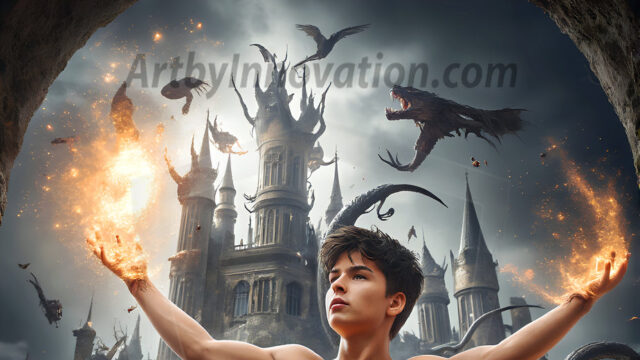 AI male art photos with a fantastical atmosphere. Imagine a Hogwarts School of Witchcraft student, from the Harry Potter series, a handsome, beautiful, and attractive, shirtless young teenage boy, standing firm against a threat. With a detailed Hogwarts castle background, casting a powerful spell, conjuring creatures based on their assigned house crest. From Demonic snakes, powerful lions, fierce badgers, or a murder of Crows. Dementors floating ominously in a cloudy sky, and sparks, shadows, and cinematic lighting, offering an otherworldly vibe.