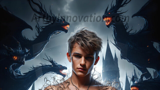 AI male art photos with a fantastical atmosphere. Imagine a Hogwarts School of Witchcraft student, from the Harry Potter series, a handsome, beautiful, and attractive, shirtless young teenage boy, standing firm against a threat. With a detailed Hogwarts castle background, casting a powerful spell, conjuring creatures based on their assigned house crest. From Demonic snakes, powerful lions, fierce badgers, or a murder of Crows. Dementors floating ominously in a cloudy sky, and sparks, shadows, and cinematic lighting, offering an otherworldly vibe.