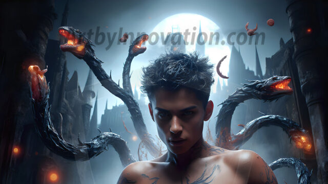 AI male art photos with a fantastical atmosphere. Imagine a Hogwarts School of Witchcraft student, from the Harry Potter series, a handsome, beautiful, and attractive, shirtless young teenage boy, standing firm against a threat. With a detailed Hogwarts castle background, casting a powerful spell, conjuring creatures based on their assigned house crest. From Demonic snakes, powerful lions, fierce badgers, or a murder of Crows. Dementors floating ominously in a cloudy sky, and sparks, shadows, and cinematic lighting, offering an otherworldly vibe.