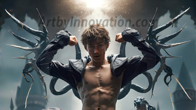 AI male art photos with a fantastical atmosphere. Imagine a Hogwarts School of Witchcraft student, from the Harry Potter series, a handsome, beautiful, and attractive, shirtless young teenage boy, standing firm against a threat. With a detailed Hogwarts castle background, casting a powerful spell, conjuring creatures based on their assigned house crest. From Demonic snakes, powerful lions, fierce badgers, or a murder of Crows. Dementors floating ominously in a cloudy sky, and sparks, shadows, and cinematic lighting, offering an otherworldly vibe.
