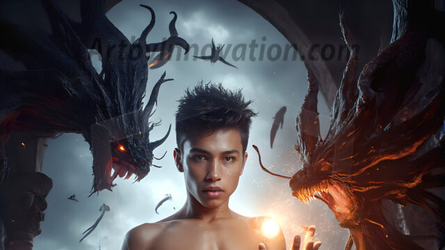 AI male art photos with a fantastical atmosphere. Imagine a Hogwarts School of Witchcraft student, from the Harry Potter series, a handsome, beautiful, and attractive, shirtless young teenage boy, standing firm against a threat. With a detailed Hogwarts castle background, casting a powerful spell, conjuring creatures based on their assigned house crest. From Demonic snakes, powerful lions, fierce badgers, or a murder of Crows. Dementors floating ominously in a cloudy sky, and sparks, shadows, and cinematic lighting, offering an otherworldly vibe.