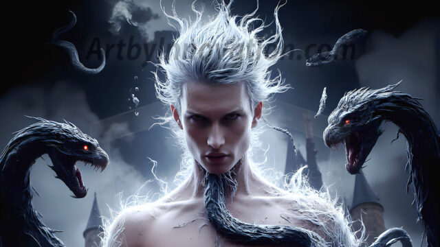 AI male art photos with a fantastical atmosphere. Imagine a Hogwarts School of Witchcraft student, from the Harry Potter series, a handsome, beautiful, and attractive, shirtless young teenage boy, standing firm against a threat. With a detailed Hogwarts castle background, casting a powerful spell, conjuring creatures based on their assigned house crest. From Demonic snakes, powerful lions, fierce badgers, or a murder of Crows. Dementors floating ominously in a cloudy sky, and sparks, shadows, and cinematic lighting, offering an otherworldly vibe.