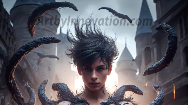 AI male art photos with a fantastical atmosphere. Imagine a Hogwarts School of Witchcraft student, from the Harry Potter series, a handsome, beautiful, and attractive, shirtless young teenage boy, standing firm against a threat. With a detailed Hogwarts castle background, casting a powerful spell, conjuring creatures based on their assigned house crest. From Demonic snakes, powerful lions, fierce badgers, or a murder of Crows. Dementors floating ominously in a cloudy sky, and sparks, shadows, and cinematic lighting, offering an otherworldly vibe.