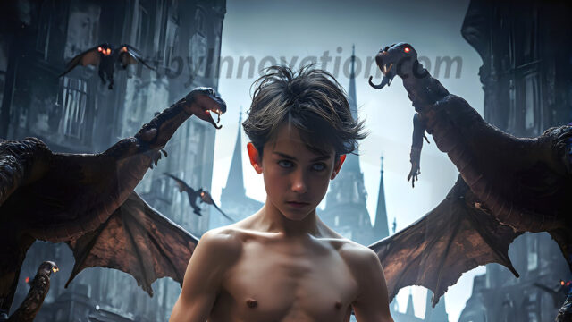 AI male art photos with a fantastical atmosphere. Imagine a Hogwarts School of Witchcraft student, from the Harry Potter series, a handsome, beautiful, and attractive, shirtless young teenage boy, standing firm against a threat. With a detailed Hogwarts castle background, casting a powerful spell, conjuring creatures based on their assigned house crest. From Demonic snakes, powerful lions, fierce badgers, or a murder of Crows. Dementors floating ominously in a cloudy sky, and sparks, shadows, and cinematic lighting, offering an otherworldly vibe.