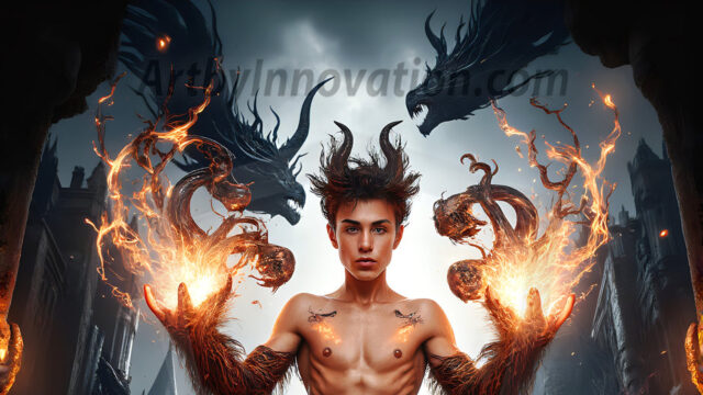 AI male art photos with a fantastical atmosphere. Imagine a Hogwarts School of Witchcraft student, from the Harry Potter series, a handsome, beautiful, and attractive, shirtless young teenage boy, standing firm against a threat. With a detailed Hogwarts castle background, casting a powerful spell, conjuring creatures based on their assigned house crest. From Demonic snakes, powerful lions, fierce badgers, or a murder of Crows. Dementors floating ominously in a cloudy sky, and sparks, shadows, and cinematic lighting, offering an otherworldly vibe.