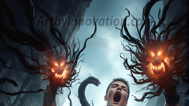 AI male art photos with a fantastical atmosphere. Imagine a Hogwarts School of Witchcraft student, from the Harry Potter series, a handsome, beautiful, and attractive, shirtless young teenage boy, standing firm against a threat. With a detailed Hogwarts castle background, casting a powerful spell, conjuring creatures based on their assigned house crest. From Demonic snakes, powerful lions, fierce badgers, or a murder of Crows. Dementors floating ominously in a cloudy sky, and sparks, shadows, and cinematic lighting, offering an otherworldly vibe.