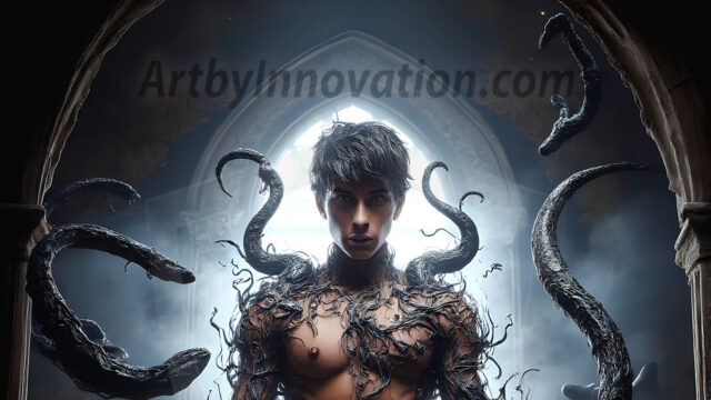 AI male art photos with a fantastical atmosphere. Imagine a Hogwarts School of Witchcraft student, from the Harry Potter series, a handsome, beautiful, and attractive, shirtless young teenage boy, standing firm against a threat. With a detailed Hogwarts castle background, casting a powerful spell, conjuring creatures based on their assigned house crest. From Demonic snakes, powerful lions, fierce badgers, or a murder of Crows. Dementors floating ominously in a cloudy sky, and sparks, shadows, and cinematic lighting, offering an otherworldly vibe.