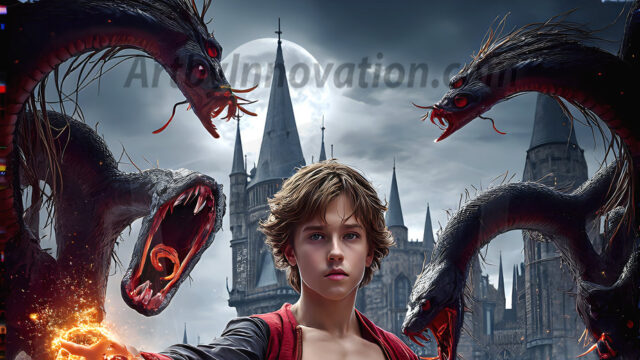 AI male art photos with a fantastical atmosphere. Imagine a Hogwarts School of Witchcraft student, from the Harry Potter series, a handsome, beautiful, and attractive, shirtless young teenage boy, standing firm against a threat. With a detailed Hogwarts castle background, casting a powerful spell, conjuring creatures based on their assigned house crest. From Demonic snakes, powerful lions, fierce badgers, or a murder of Crows. Dementors floating ominously in a cloudy sky, and sparks, shadows, and cinematic lighting, offering an otherworldly vibe.