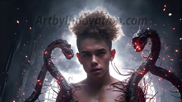 AI male art photos with a fantastical atmosphere. Imagine a Hogwarts School of Witchcraft student, from the Harry Potter series, a handsome, beautiful, and attractive, shirtless young teenage boy, standing firm against a threat. With a detailed Hogwarts castle background, casting a powerful spell, conjuring creatures based on their assigned house crest. From Demonic snakes, powerful lions, fierce badgers, or a murder of Crows. Dementors floating ominously in a cloudy sky, and sparks, shadows, and cinematic lighting, offering an otherworldly vibe.