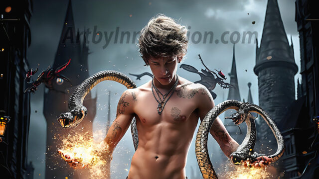 AI male art photos with a fantastical atmosphere. Imagine a Hogwarts School of Witchcraft student, from the Harry Potter series, a handsome, beautiful, and attractive, shirtless young teenage boy, standing firm against a threat. With a detailed Hogwarts castle background, casting a powerful spell, conjuring creatures based on their assigned house crest. From Demonic snakes, powerful lions, fierce badgers, or a murder of Crows. Dementors floating ominously in a cloudy sky, and sparks, shadows, and cinematic lighting, offering an otherworldly vibe.