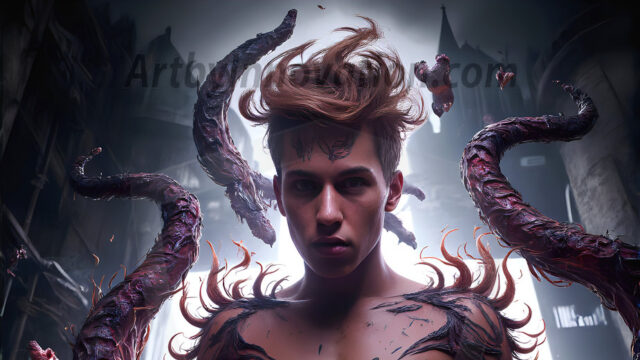AI male art photos with a fantastical atmosphere. Imagine a Hogwarts School of Witchcraft student, from the Harry Potter series, a handsome, beautiful, and attractive, shirtless young teenage boy, standing firm against a threat. With a detailed Hogwarts castle background, casting a powerful spell, conjuring creatures based on their assigned house crest. From Demonic snakes, powerful lions, fierce badgers, or a murder of Crows. Dementors floating ominously in a cloudy sky, and sparks, shadows, and cinematic lighting, offering an otherworldly vibe.