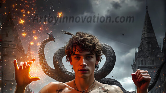 AI male art photos with a fantastical atmosphere. Imagine a Hogwarts School of Witchcraft student, from the Harry Potter series, a handsome, beautiful, and attractive, shirtless young teenage boy, standing firm against a threat. With a detailed Hogwarts castle background, casting a powerful spell, conjuring creatures based on their assigned house crest. From Demonic snakes, powerful lions, fierce badgers, or a murder of Crows. Dementors floating ominously in a cloudy sky, and sparks, shadows, and cinematic lighting, offering an otherworldly vibe.