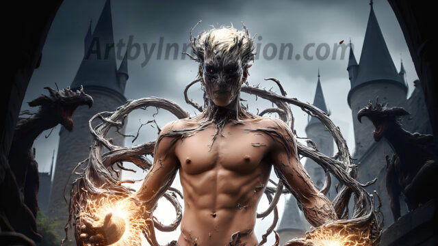 AI male art photos with a fantastical atmosphere. Imagine a Hogwarts School of Witchcraft student, from the Harry Potter series, a handsome, beautiful, and attractive, shirtless young teenage boy, standing firm against a threat. With a detailed Hogwarts castle background, casting a powerful spell, conjuring creatures based on their assigned house crest. From Demonic snakes, powerful lions, fierce badgers, or a murder of Crows. Dementors floating ominously in a cloudy sky, and sparks, shadows, and cinematic lighting, offering an otherworldly vibe.