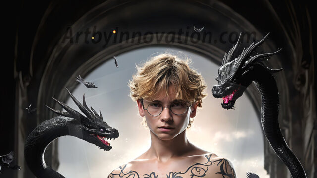 AI male art photos with a fantastical atmosphere. Imagine a Hogwarts School of Witchcraft student, from the Harry Potter series, a handsome, beautiful, and attractive, shirtless young teenage boy, standing firm against a threat. With a detailed Hogwarts castle background, casting a powerful spell, conjuring creatures based on their assigned house crest. From Demonic snakes, powerful lions, fierce badgers, or a murder of Crows. Dementors floating ominously in a cloudy sky, and sparks, shadows, and cinematic lighting, offering an otherworldly vibe.