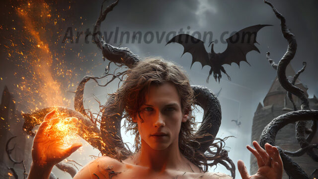 AI male art photos with a fantastical atmosphere. Imagine a Hogwarts School of Witchcraft student, from the Harry Potter series, a handsome, beautiful, and attractive, shirtless young teenage boy, standing firm against a threat. With a detailed Hogwarts castle background, casting a powerful spell, conjuring creatures based on their assigned house crest. From Demonic snakes, powerful lions, fierce badgers, or a murder of Crows. Dementors floating ominously in a cloudy sky, and sparks, shadows, and cinematic lighting, offering an otherworldly vibe.