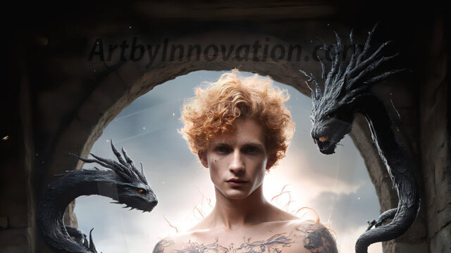 AI male art photos with a fantastical atmosphere. Imagine a Hogwarts School of Witchcraft student, from the Harry Potter series, a handsome, beautiful, and attractive, shirtless young teenage boy, standing firm against a threat. With a detailed Hogwarts castle background, casting a powerful spell, conjuring creatures based on their assigned house crest. From Demonic snakes, powerful lions, fierce badgers, or a murder of Crows. Dementors floating ominously in a cloudy sky, and sparks, shadows, and cinematic lighting, offering an otherworldly vibe.
