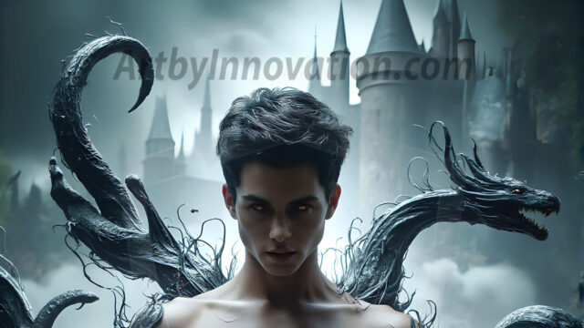 AI male art photos with a fantastical atmosphere. Imagine a Hogwarts School of Witchcraft student, from the Harry Potter series, a handsome, beautiful, and attractive, shirtless young teenage boy, standing firm against a threat. With a detailed Hogwarts castle background, casting a powerful spell, conjuring creatures based on their assigned house crest. From Demonic snakes, powerful lions, fierce badgers, or a murder of Crows. Dementors floating ominously in a cloudy sky, and sparks, shadows, and cinematic lighting, offering an otherworldly vibe.