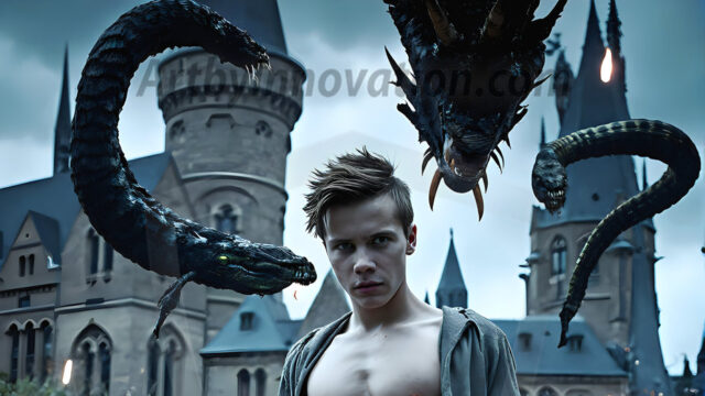 AI male art photos with a fantastical atmosphere. Imagine a Hogwarts School of Witchcraft student, from the Harry Potter series, a handsome, beautiful, and attractive, shirtless young teenage boy, standing firm against a threat. With a detailed Hogwarts castle background, casting a powerful spell, conjuring creatures based on their assigned house crest. From Demonic snakes, powerful lions, fierce badgers, or a murder of Crows. Dementors floating ominously in a cloudy sky, and sparks, shadows, and cinematic lighting, offering an otherworldly vibe.