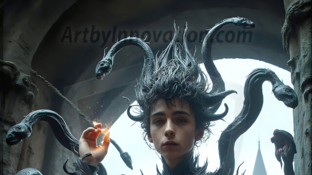 AI male art photos with a fantastical atmosphere. Imagine a Hogwarts School of Witchcraft student, from the Harry Potter series, a handsome, beautiful, and attractive, shirtless young teenage boy, standing firm against a threat. With a detailed Hogwarts castle background, casting a powerful spell, conjuring creatures based on their assigned house crest. From Demonic snakes, powerful lions, fierce badgers, or a murder of Crows. Dementors floating ominously in a cloudy sky, and sparks, shadows, and cinematic lighting, offering an otherworldly vibe.