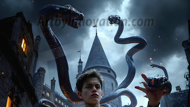 AI male art photos with a fantastical atmosphere. Imagine a Hogwarts School of Witchcraft student, from the Harry Potter series, a handsome, beautiful, and attractive, shirtless young teenage boy, standing firm against a threat. With a detailed Hogwarts castle background, casting a powerful spell, conjuring creatures based on their assigned house crest. From Demonic snakes, powerful lions, fierce badgers, or a murder of Crows. Dementors floating ominously in a cloudy sky, and sparks, shadows, and cinematic lighting, offering an otherworldly vibe.