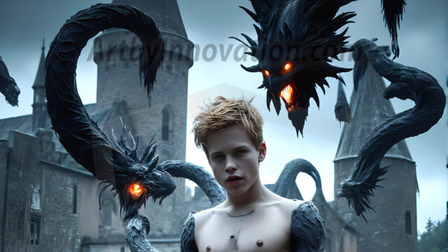 AI male art photos with a fantastical atmosphere. Imagine a Hogwarts School of Witchcraft student, from the Harry Potter series, a handsome, beautiful, and attractive, shirtless young teenage boy, standing firm against a threat. With a detailed Hogwarts castle background, casting a powerful spell, conjuring creatures based on their assigned house crest. From Demonic snakes, powerful lions, fierce badgers, or a murder of Crows. Dementors floating ominously in a cloudy sky, and sparks, shadows, and cinematic lighting, offering an otherworldly vibe.