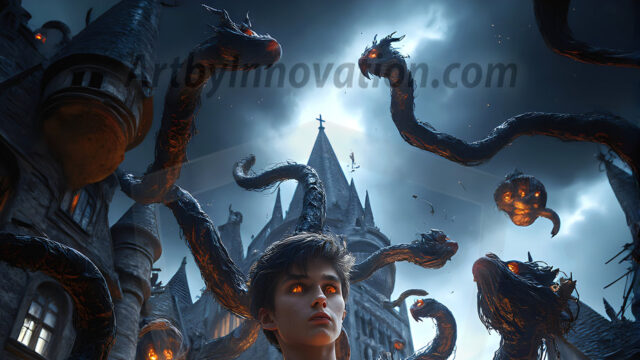 AI male art photos with a fantastical atmosphere. Imagine a Hogwarts School of Witchcraft student, from the Harry Potter series, a handsome, beautiful, and attractive, shirtless young teenage boy, standing firm against a threat. With a detailed Hogwarts castle background, casting a powerful spell, conjuring creatures based on their assigned house crest. From Demonic snakes, powerful lions, fierce badgers, or a murder of Crows. Dementors floating ominously in a cloudy sky, and sparks, shadows, and cinematic lighting, offering an otherworldly vibe.