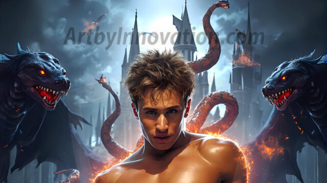 AI male art photos with a fantastical atmosphere. Imagine a Hogwarts School of Witchcraft student, from the Harry Potter series, a handsome, beautiful, and attractive, shirtless young teenage boy, standing firm against a threat. With a detailed Hogwarts castle background, casting a powerful spell, conjuring creatures based on their assigned house crest. From Demonic snakes, powerful lions, fierce badgers, or a murder of Crows. Dementors floating ominously in a cloudy sky, and sparks, shadows, and cinematic lighting, offering an otherworldly vibe.