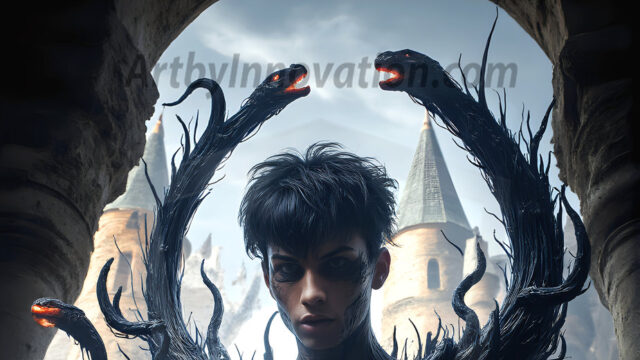 AI male art photos with a fantastical atmosphere. Imagine a Hogwarts School of Witchcraft student, from the Harry Potter series, a handsome, beautiful, and attractive, shirtless young teenage boy, standing firm against a threat. With a detailed Hogwarts castle background, casting a powerful spell, conjuring creatures based on their assigned house crest. From Demonic snakes, powerful lions, fierce badgers, or a murder of Crows. Dementors floating ominously in a cloudy sky, and sparks, shadows, and cinematic lighting, offering an otherworldly vibe.