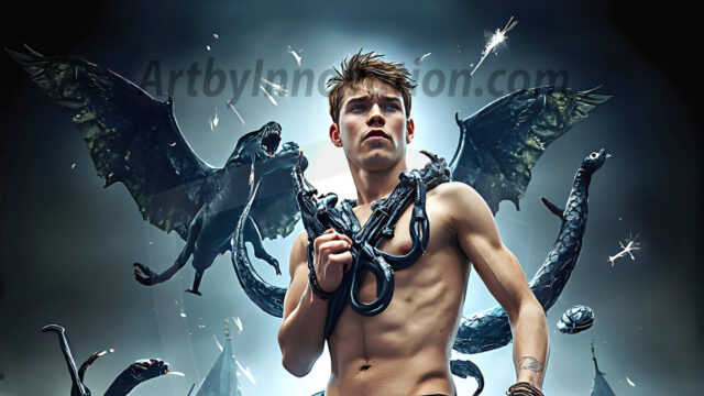 AI male art photos with a fantastical atmosphere. Imagine a Hogwarts School of Witchcraft student, from the Harry Potter series, a handsome, beautiful, and attractive, shirtless young teenage boy, standing firm against a threat. With a detailed Hogwarts castle background, casting a powerful spell, conjuring creatures based on their assigned house crest. From Demonic snakes, powerful lions, fierce badgers, or a murder of Crows. Dementors floating ominously in a cloudy sky, and sparks, shadows, and cinematic lighting, offering an otherworldly vibe.