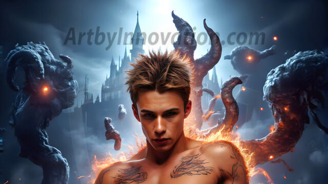 AI male art photos with a fantastical atmosphere. Imagine a Hogwarts School of Witchcraft student, from the Harry Potter series, a handsome, beautiful, and attractive, shirtless young teenage boy, standing firm against a threat. With a detailed Hogwarts castle background, casting a powerful spell, conjuring creatures based on their assigned house crest. From Demonic snakes, powerful lions, fierce badgers, or a murder of Crows. Dementors floating ominously in a cloudy sky, and sparks, shadows, and cinematic lighting, offering an otherworldly vibe.