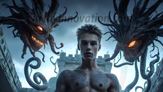 AI male art photos with a fantastical atmosphere. Imagine a Hogwarts School of Witchcraft student, from the Harry Potter series, a handsome, beautiful, and attractive, shirtless young teenage boy, standing firm against a threat. With a detailed Hogwarts castle background, casting a powerful spell, conjuring creatures based on their assigned house crest. From Demonic snakes, powerful lions, fierce badgers, or a murder of Crows. Dementors floating ominously in a cloudy sky, and sparks, shadows, and cinematic lighting, offering an otherworldly vibe.