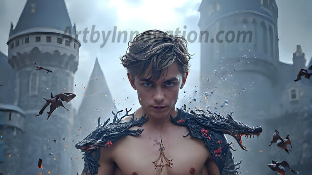 AI male art photos with a fantastical atmosphere. Imagine a Hogwarts School of Witchcraft student, from the Harry Potter series, a handsome, beautiful, and attractive, shirtless young teenage boy, standing firm against a threat. With a detailed Hogwarts castle background, casting a powerful spell, conjuring creatures based on their assigned house crest. From Demonic snakes, powerful lions, fierce badgers, or a murder of Crows. Dementors floating ominously in a cloudy sky, and sparks, shadows, and cinematic lighting, offering an otherworldly vibe.