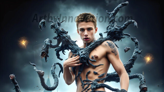 AI male art photos with a fantastical atmosphere. Imagine a Hogwarts School of Witchcraft student, from the Harry Potter series, a handsome, beautiful, and attractive, shirtless young teenage boy, standing firm against a threat. With a detailed Hogwarts castle background, casting a powerful spell, conjuring creatures based on their assigned house crest. From Demonic snakes, powerful lions, fierce badgers, or a murder of Crows. Dementors floating ominously in a cloudy sky, and sparks, shadows, and cinematic lighting, offering an otherworldly vibe.