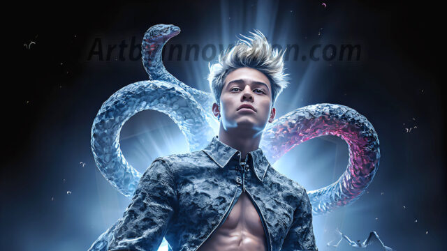 AI male art photos with a fantastical atmosphere. Imagine a Hogwarts School of Witchcraft student, from the Harry Potter series, a handsome, beautiful, and attractive, shirtless young teenage boy, standing firm against a threat. With a detailed Hogwarts castle background, casting a powerful spell, conjuring creatures based on their assigned house crest. From Demonic snakes, powerful lions, fierce badgers, or a murder of Crows. Dementors floating ominously in a cloudy sky, and sparks, shadows, and cinematic lighting, offering an otherworldly vibe.