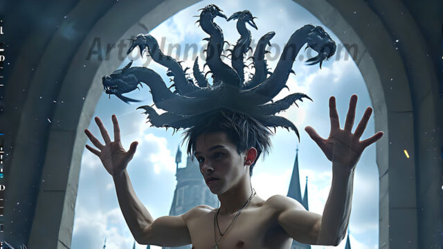 AI male art photos with a fantastical atmosphere. Imagine a Hogwarts School of Witchcraft student, from the Harry Potter series, a handsome, beautiful, and attractive, shirtless young teenage boy, standing firm against a threat. With a detailed Hogwarts castle background, casting a powerful spell, conjuring creatures based on their assigned house crest. From Demonic snakes, powerful lions, fierce badgers, or a murder of Crows. Dementors floating ominously in a cloudy sky, and sparks, shadows, and cinematic lighting, offering an otherworldly vibe.