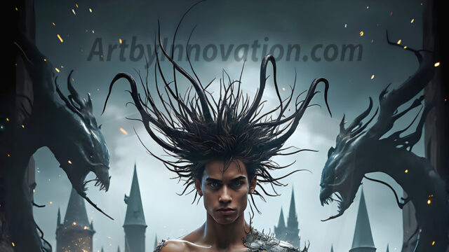 AI male art photos with a fantastical atmosphere. Imagine a Hogwarts School of Witchcraft student, from the Harry Potter series, a handsome, beautiful, and attractive, shirtless young teenage boy, standing firm against a threat. With a detailed Hogwarts castle background, casting a powerful spell, conjuring creatures based on their assigned house crest. From Demonic snakes, powerful lions, fierce badgers, or a murder of Crows. Dementors floating ominously in a cloudy sky, and sparks, shadows, and cinematic lighting, offering an otherworldly vibe.
