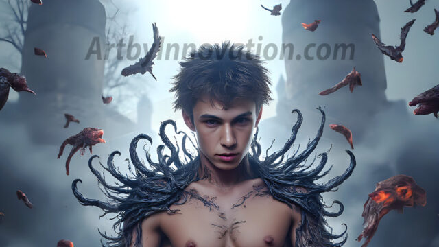 AI male art photos with a fantastical atmosphere. Imagine a Hogwarts School of Witchcraft student, from the Harry Potter series, a handsome, beautiful, and attractive, shirtless young teenage boy, standing firm against a threat. With a detailed Hogwarts castle background, casting a powerful spell, conjuring creatures based on their assigned house crest. From Demonic snakes, powerful lions, fierce badgers, or a murder of Crows. Dementors floating ominously in a cloudy sky, and sparks, shadows, and cinematic lighting, offering an otherworldly vibe.