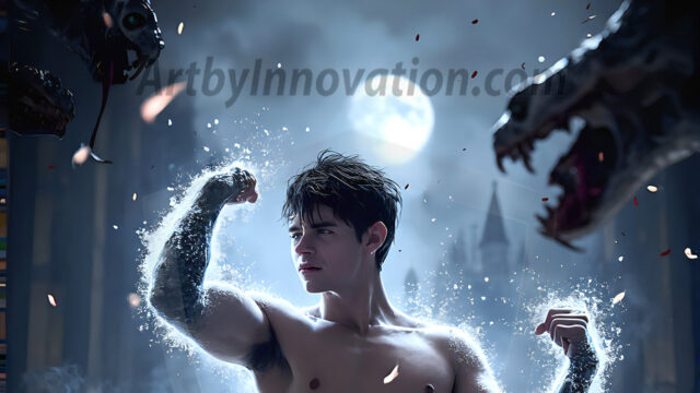 AI male art photos with a fantastical atmosphere. Imagine a Hogwarts School of Witchcraft student, from the Harry Potter series, a handsome, beautiful, and attractive, shirtless young teenage boy, standing firm against a threat. With a detailed Hogwarts castle background, casting a powerful spell, conjuring creatures based on their assigned house crest. From Demonic snakes, powerful lions, fierce badgers, or a murder of Crows. Dementors floating ominously in a cloudy sky, and sparks, shadows, and cinematic lighting, offering an otherworldly vibe.