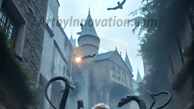 AI male art photos with a fantastical atmosphere. Imagine a Hogwarts School of Witchcraft student, from the Harry Potter series, a handsome, beautiful, and attractive, shirtless young teenage boy, standing firm against a threat. With a detailed Hogwarts castle background, casting a powerful spell, conjuring creatures based on their assigned house crest. From Demonic snakes, powerful lions, fierce badgers, or a murder of Crows. Dementors floating ominously in a cloudy sky, and sparks, shadows, and cinematic lighting, offering an otherworldly vibe.