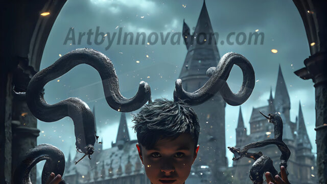 AI male art photos with a fantastical atmosphere. Imagine a Hogwarts School of Witchcraft student, from the Harry Potter series, a handsome, beautiful, and attractive, shirtless young teenage boy, standing firm against a threat. With a detailed Hogwarts castle background, casting a powerful spell, conjuring creatures based on their assigned house crest. From Demonic snakes, powerful lions, fierce badgers, or a murder of Crows. Dementors floating ominously in a cloudy sky, and sparks, shadows, and cinematic lighting, offering an otherworldly vibe.