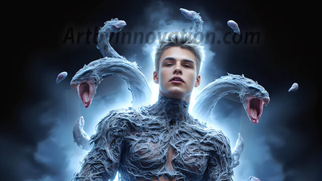 AI male art photos with a fantastical atmosphere. Imagine a Hogwarts School of Witchcraft student, from the Harry Potter series, a handsome, beautiful, and attractive, shirtless young teenage boy, standing firm against a threat. With a detailed Hogwarts castle background, casting a powerful spell, conjuring creatures based on their assigned house crest. From Demonic snakes, powerful lions, fierce badgers, or a murder of Crows. Dementors floating ominously in a cloudy sky, and sparks, shadows, and cinematic lighting, offering an otherworldly vibe.