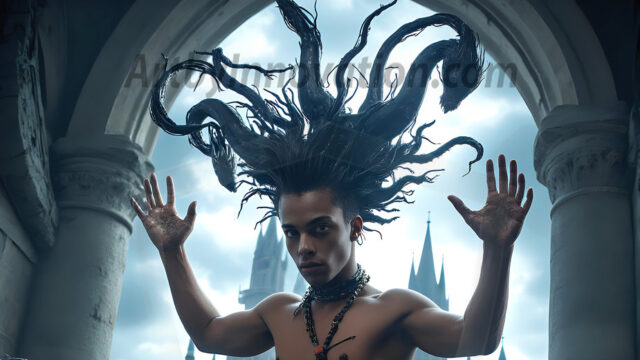 AI male art photos with a fantastical atmosphere. Imagine a Hogwarts School of Witchcraft student, from the Harry Potter series, a handsome, beautiful, and attractive, shirtless young teenage boy, standing firm against a threat. With a detailed Hogwarts castle background, casting a powerful spell, conjuring creatures based on their assigned house crest. From Demonic snakes, powerful lions, fierce badgers, or a murder of Crows. Dementors floating ominously in a cloudy sky, and sparks, shadows, and cinematic lighting, offering an otherworldly vibe.